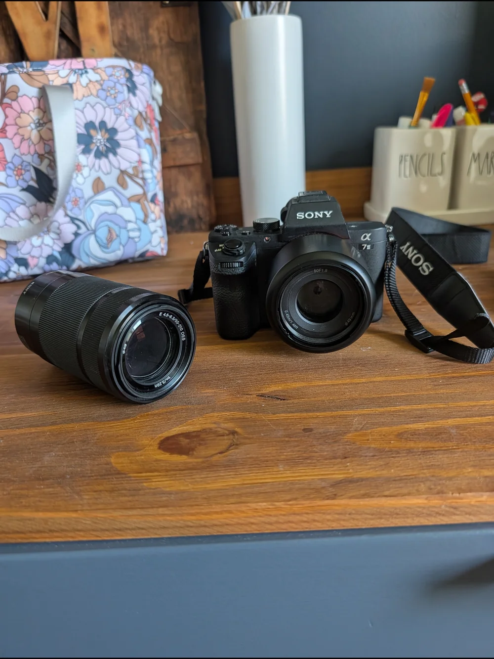 Sony a7ii black mirrorless camera with two black lenses